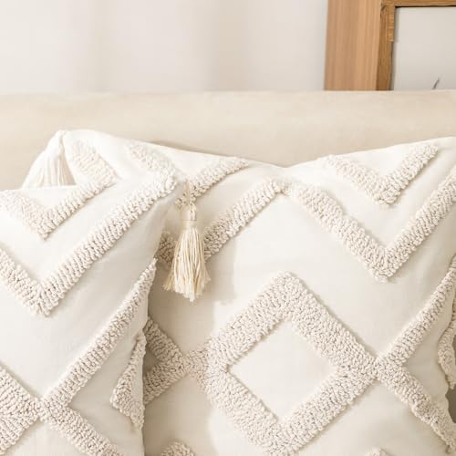 Boho Pillow Covers 18x18 Set of 2 Geometric & Striped Pillow Covers-Hand-Tufted Textured Pillowcases-Farmhouse Linen Decorative Throw Pillows for Sofa, Couch, Bed, Chair, Living Room, Lozenge - color: Square