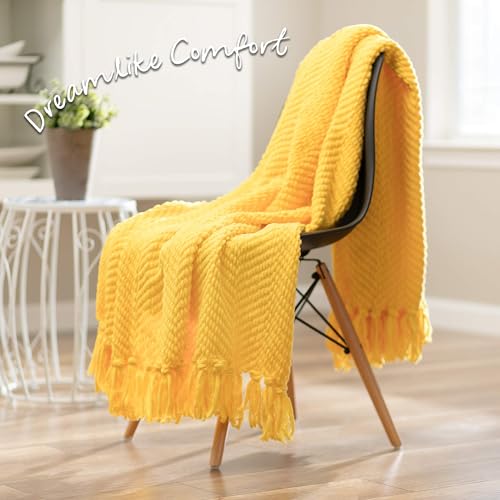 Chanasya Premium Textured Knit Throw Blanket with Tassels - Soft, Cozy Blanket for Couch, Bed, Living Room - 50" x 65” - Bright Yellow - color: Bright Yellow