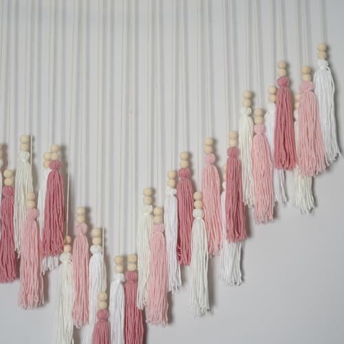 Macrame Hanging Photo Display Wall Decor, Macrame Photo Wall Hanging Boho Room Bedroom Wooden Beads Garland Picture Holder Photo Display Cilp with 30 Clip - color: Blush Pink White