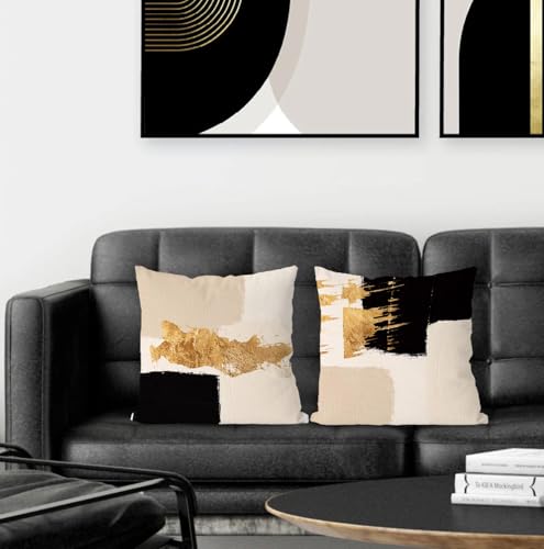 Black Beige Gold Pillow Covers, Abstract Black and Gold Pillow Covers 18x18 Set of 2, Modern Boho Home Decor, Black and Gold Pillows Decorative Throw Pillows for Couch Living Room Bedroom - color: Black Beige Gold, size: 18" x 18" (Pack of 1)