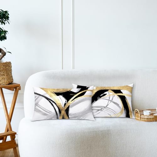 Black White and Gold Pillow Covers, Abstract Black and Gold Pillow Covers 12x20 Set of 2, Modern Boho Home Decor, Black and Gold Decorative Throw Pillows Cover for Couch Living Room Bedroom - color: Black White and Gold, size: 20" x 12" (Pack of 2)