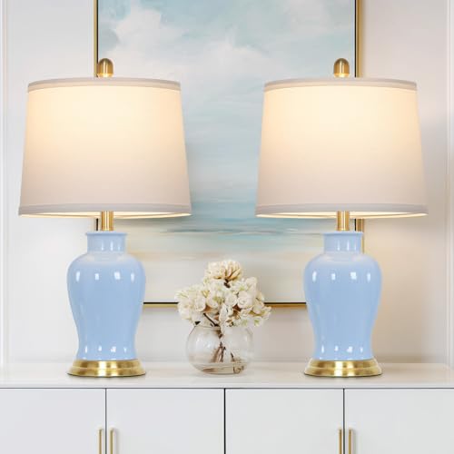 23" Modern Blue Ceramic Table Lamps Set of 2, Coastal Ceramic Lamps for Living Room, Classic Bedside Lamp with Ginger Jar Design, Elegant Bedroom Lamp for Night stand Desk Side End Table Home Decor - color: Blue