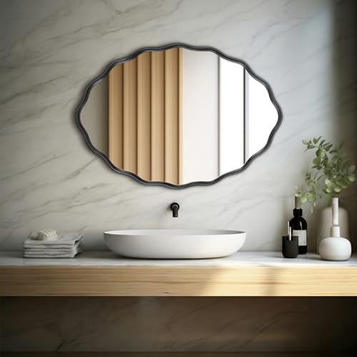 Oval Bathroom Mirror Wall Mounted Large Decorative Wall Mirror for Living Room, Bedroom, or Entryway – Vintage Sunburst Design with Beveled Detailing – Wavy Frame Vanity Mirror (Black) - color: Black
