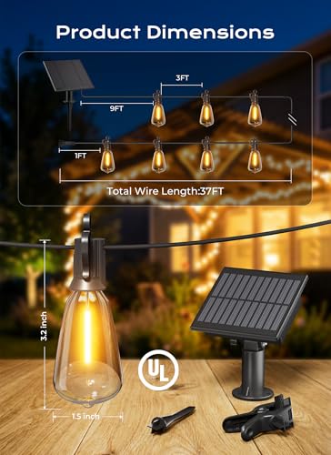 Brightown 37FT Solar String Lights Outdoor Waterproof, Patio Lights with Remote and 10+1 LED Shatterproof Bulbs, Dimmable & Timable, 3 Light Modes, Solar Lights Outdoor for Yard Camping Party Outside - size: 37FT(10 Sockets)