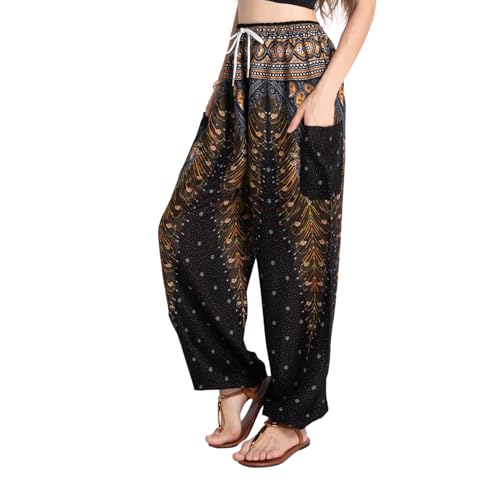 Tranquil Threads Women's Harem Pants with Pockets and Drawstring, Hippie Boho Yoga Clothes - color: Golden Black, size: X-Small