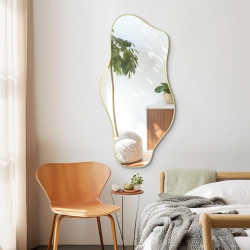 Irregular Wall Mirror, 40"x17.7" Gold Asymmetrical Frameless Mirror, Modern Organic Shaped Mirrors for Living Room Bedroom Hallway Entryway, Horizontal or Vertical Hanging - color: Gold, size: 40"L x 17.7"W