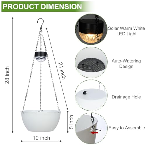 BAYN 2 Packs Solar Hanging Basket Planters for Plants Outdoor, Self Watering White Flower Plants Pots with Solar Light Drainer for Balcony Patio Garden Outdoor Decoration - color: White