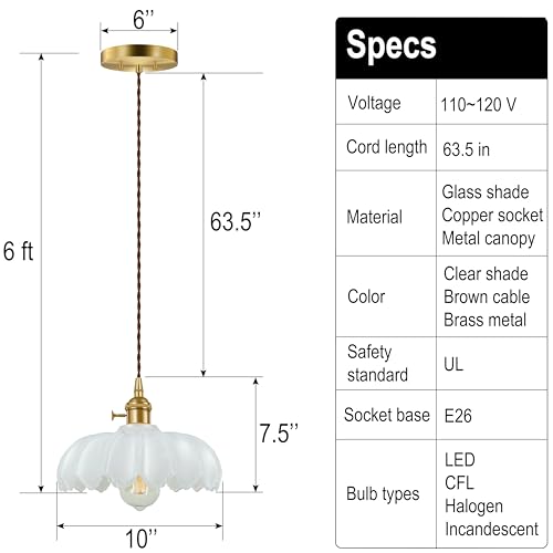 Hardwired Pendant Light Fixture, Hanging Light Fixture, Glass Shade Pendant Light with Rotary Switch, Modern Lamp for Kitchen Island, Bedroom, Dining Room, Living Room (White, 6 Ft Cord) - color: White, size: 6 ft