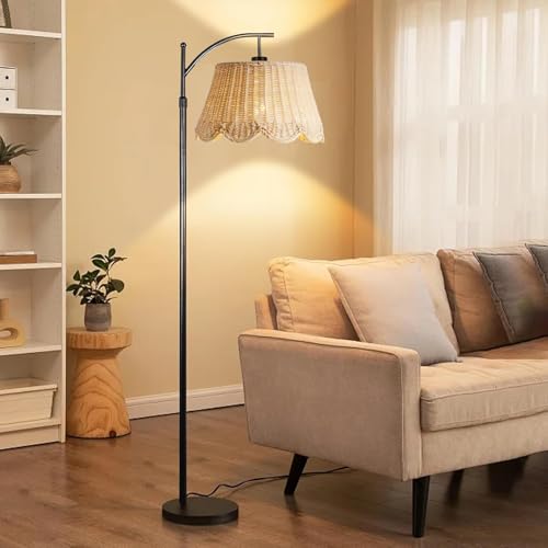 Arc Floor Lamp for Living Room，Rattan Boho Floor Lamp with Hand-Woven Wicker Shade, Foot Switch, Gold/Silvery Metal Base & Pole,Standing Lamp for Bedroom (Gold) - color: Gold&Off White