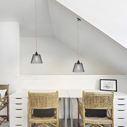 2-Light Plug in Pendant Light with Black Metal Cage Lampshade Ø20cm, E26/E27 Hemp Rope Vintage Hanging Lights Kit with Plug in Cord 19.68ft for Dining Room Living Room, No Bulb - color: 2-Light Hemp Rope with Shade