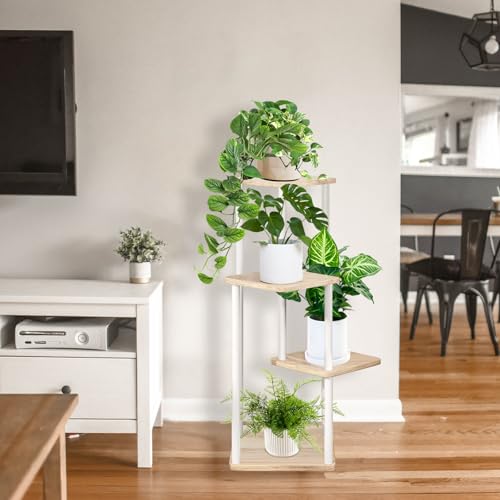 4 Tier Plant Stand Indoor, Thickened Metal Wood Corner Plant Shelf Stands for Multiple Plants, Indoor Tall Plants Stand Tiered Flower Holder for Living Room Patio Garden Balcony(White+Oak) - color: White+Oak, size: 4 Tier