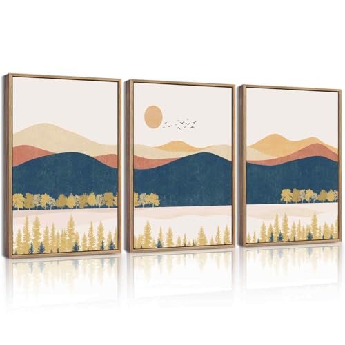 KUVIOKE Bohemain Mountain Landscape Framed Wall Art Watercolor Nature Artwork Painting Boho Farmhouse Rustic Home Decor 12x16in (Natural Framed) - color: Mountain and Laker, size: 12 x 16in x 3 Panels Natural