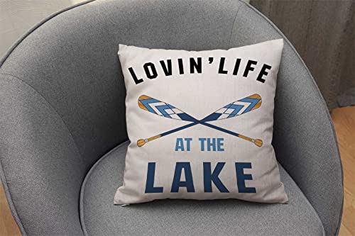 Nphuriy Black Blue Word Art Quote Loving Life at The Lake Wooden Paddle Oar Summer Decorative Throw Pillow Cover Case Cushion Home Living Room Bed Sofa Car Cotton Linen Square 16 x 16 Inches - color: Multi 32