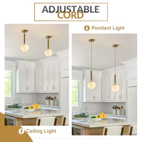 BOKT Mid Century Modern Gold Globe Pendant Light Milk White Opal Glass Pendant Light 1 Light Farmhouse Brushed Brass Mini Hanging Pendant Lights Kitchen Island for Bathroom Bedroom Hallway (Gold) - color: Gold