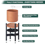 D'vine Dev Terracotta Planter with Ebony Stand - 8 Inch Modern Round Flower Pot with Wood Planter Holder, Terracotta, 55-B-M-5 - color: Terracotta Pot + Ebony Stand, size: 8 Inch