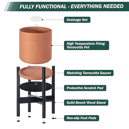 D'vine Dev Terracotta Planter with Ebony Stand - 8 Inch Modern Round Flower Pot with Wood Planter Holder, Terracotta, 55-B-M-5 - color: Terracotta Pot + Ebony Stand, size: 8 Inch