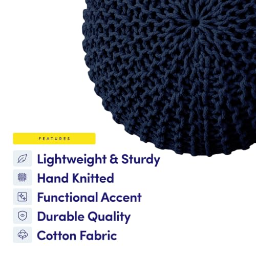 Pouf Ottoman Foot Rest Stuffed – 20” Diameter x 14” Tall Cozy Floor Pouf for Living Room, Bedroom, Nursery & More – 100% Cotton Knit Shell, EPS Bead Filled Footrest & Accent Chair, Navy Blue - color: Navy Blue