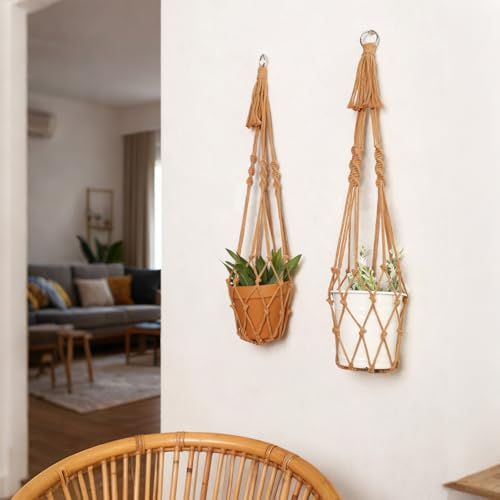 Artilady Macrame Hanging Planter for Indoor Plants, Boho Woven Plant Hanger Large Hanging Flower Pot Holders Outdoor Baskets Storage No Tassels Brown Wall Decor (Latte Brown-2pcs) - color: Latte Brown-2pcs