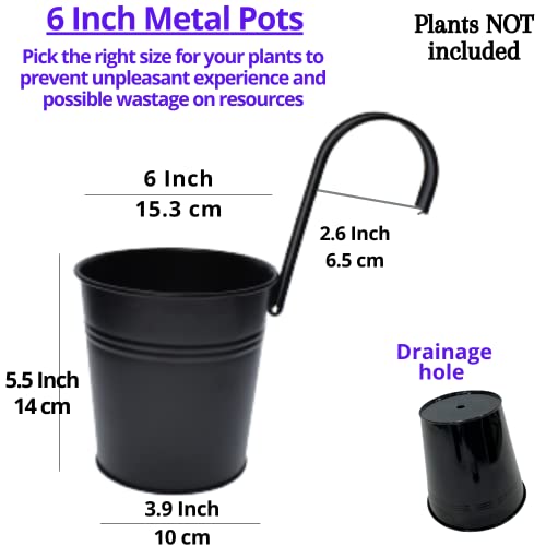 LaLaGreen Railing Planter 10 Pack, 6 Inch Hanging Flower Pot Black, Outdoor Large Metal Iron Fence Bucket, Balcony Garden Wall Deck Porch Patio Rail Decor Hanger Hook Farmhouse Balcony 6'''' (15cm) - size: 6 Inch (Black)