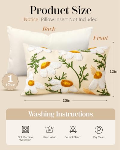 Embroidered Lumbar Pillow Cover - 20x12 Decorative Pillow Cover with Zipper Aesthetic Cute Design Boho Spring Summer Cozy Throw Pillowcase for Living Room Couch Sofa Bed, Daisy - color: Daisy, size: 20" x 12" (Pack of 1)
