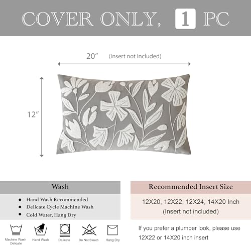 BlissBlush Lumbar Pillow Cover 12x20 Inch, Light Gray Floral Tufted Velvet Decorative Accent Pillow Case for Sofa Bed Living Room, Cover Only - color: Light Gray, size: 20" x 12" (Pack of 1)