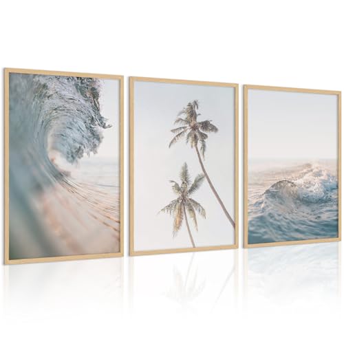 Joocrise Beach Wall Art Pictures Coastal Canvas Wall Decor Ocean Waves Poster Blue Beach Scene Artwork Palm Tree Art Coastal Landscape Prints for Living Room Bedroom 12x16 Inch Unframed Set of 3 - color: Waves Art Prints, size: 12x16 Inch Unframed