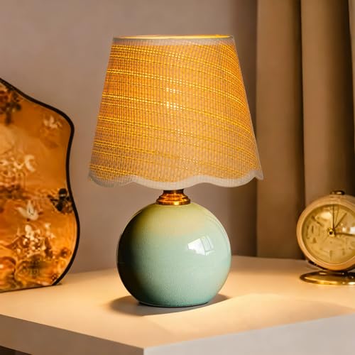 11.4" Scalloped Small Table Lamp, Green Ice Crackle Ceramic Bedside Lamp with Wavy Shade, 3-Color Dimmable LED Nightstand Light for Bedroom & Living Room, Aesthetic Home Decor, Bulb Included - color: Scalloped Fabric+Green Ceramic Base