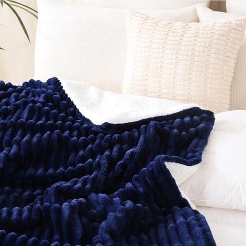 Navy Blue Sherpa Fleece Throw Blanket 50”×60” for Couch Sofa Bed,Double Side Soft Fuzzy Cozy Plush Thick Flannel Blanket with Striped Design Gift for Adults,Woman,Girls - color: Navy Blue, size: 50×60inch