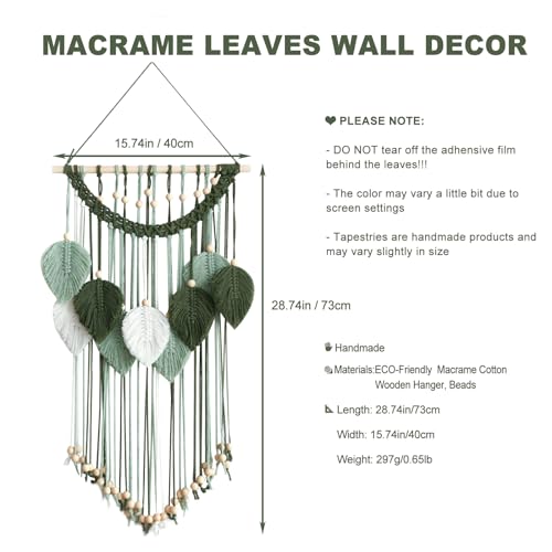 Artilady Macrame Wall Hanging -Handmade Sage Green Leaf Wall Tapestry,Boho Decorations for Bedroom Living Room Bathroom,Earthy Room Decor,Wedding Birthday for Women Girls - color: Dark Green Beige