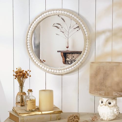 Boho Round Beaded Wall Mirror - 16 Inch Decorative Rope-Wrapped Circle Mirrors for Bathroom Living Room Entryway