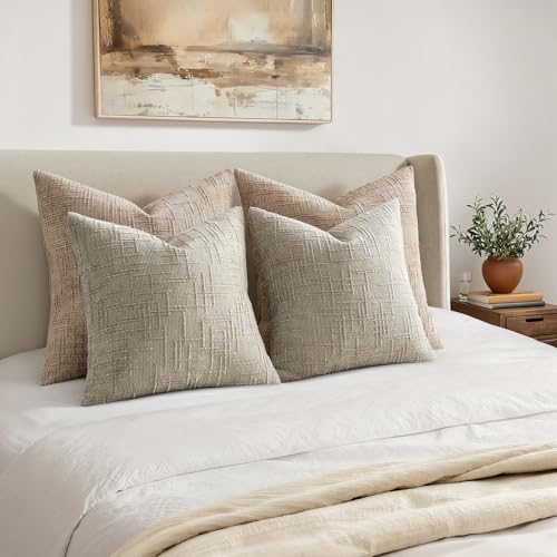 MIULEE Textured Throw Pillow Covers Thick Chenille Decorative Pillows Light Brown 18x18 Inch Set of 2 Modern Boho Farmhouse Home Decor Neutral Cushion Covers for Couch Sofa Living Room Bedroom - color: Light Brown, size: 18" x 18" (Pack of 2)