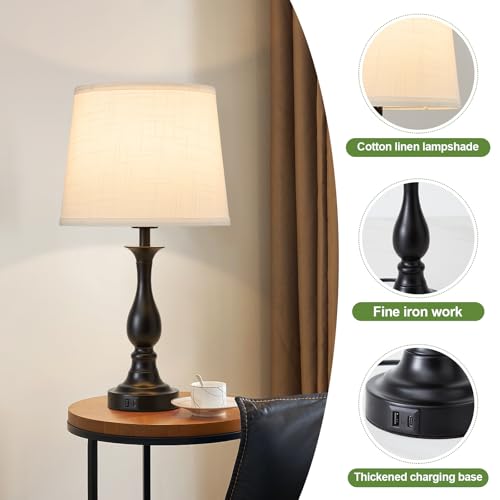 Bedside Table Lamp Touch Control Bedroom Lamps with USB A + C Charging Port 3 Way Dimmable Touch Lamps for Nightstand Living Room Bedroom Dorm Home Office Reading, Set of 2 (White Shade & Black Base) - color: White Shade & Black Base