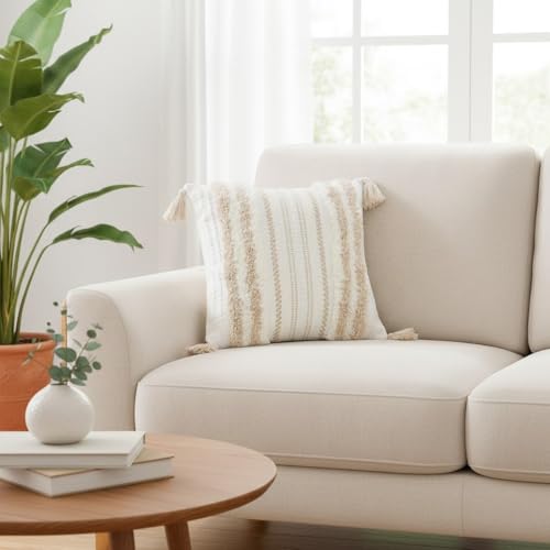 decorUhome Summer Decorative Boho Throw Pillow Cover 20x20, Accent Neutral Textured Tufted Pillow Cover Striped for Couch Bed Sofa, Khaki and Cream White, Pack of 1 - color: Khaki and Cream White, size: 20" x 20" (Pack of 1)