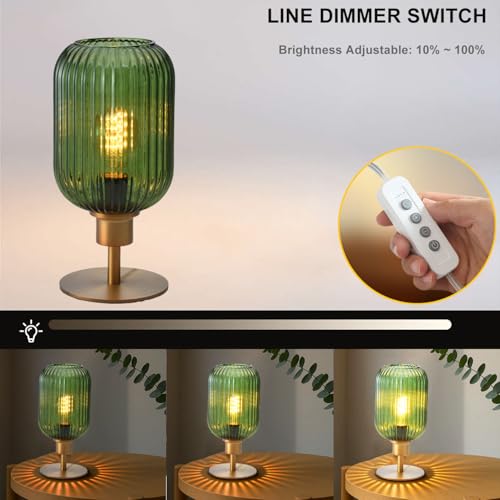 Mid Century Glass Table Lamp,Dimmable Desk Lamp,LED Bulb Included,Timer Build-In,Green Ribbed Glass - color: Green Ribbed, size: Timer