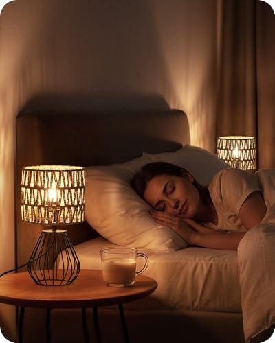 Rattan Table Lamp, Boho Table Lamp, Small Bedside Lamp, Handwoven Paper Lampshade, 2700K LED Bulb Included, Boho Desk Lamp, Modern Nightstand Lamp for Bedroom, Living Room, HW06TL05 - color: Mesh + Black
