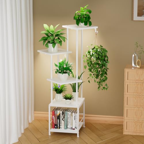 Homsorout Plant Stand Indoor with Grow Light - 5-Tier Metal Plant Shelf with Hanging Basket Hook, Corner Tall Flower Holder for Multiple Plants, Living Room Balcony Garden Patio, White - color: White, size: 5-Tier