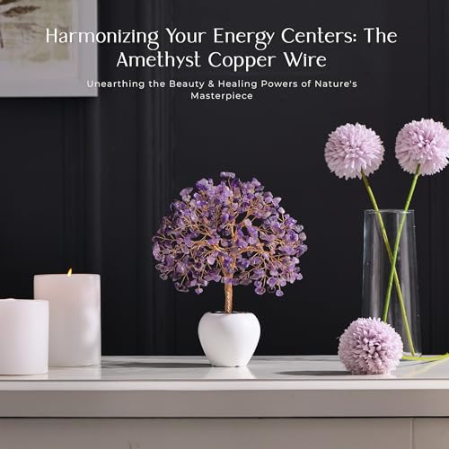 Amethyst Stone Chakra Crystal Tree Money Tree Feng Shui Gemstone Tree of Life with Pot Base, Good Luck Trees Christmas Home Office Desk Crystal Decor Ornament Stress Relief, Spiritual Insight - color: Amethyst Copper Wire