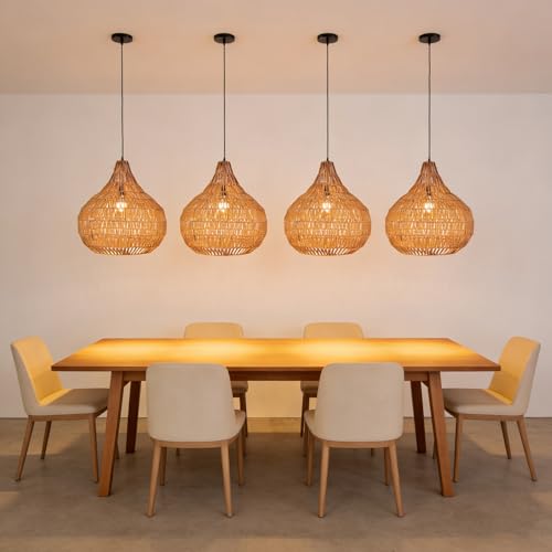 Pendant Light Fixtures Black Boho Chandelier 15.7-inch Rattan Shade Dome Light Fixtures Mid Century Farmhouse Pendant Lamps for Dining Room Kitchen Island Over Table, 1-Light - color: Black Rattan, 15.7", 1-Light