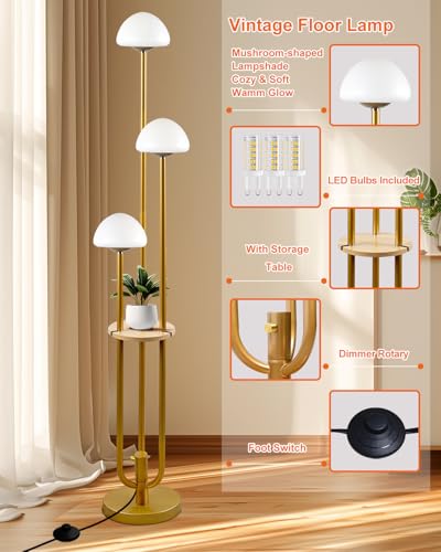 Gold Dimmable Floor Lamp with Table, Modern Floor Lamps with Mushroom Shades for Living Room, 3000K Warm White Tall Standing Lamp with Bulbs& 5Lbs Heavy Base for Bedroom/Office - color: 3 Mushroom-Gold
