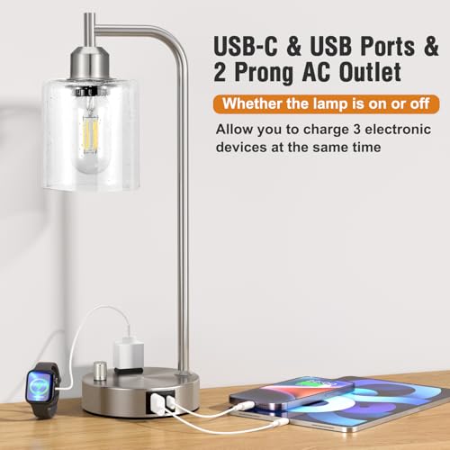 Industrial Table Lamps for Bedrooms Set of 2 - Fully Dimmable Bedside Lamps with USB A and C Ports and Outlet, Nickel Nightstand Lamps with Glass Shade for Living Room, Desk Lamps for Office Reading - color: Brushed Nickel