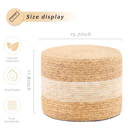 Handwoven Water Hyacinth Ottoman Pouf, Round Outdoor Footstool with Sturdy Frame, No Assembly Needed, Boho Accent Stool for Indoor & Outdoor Use – Patio, Balcony, Living Room (White) - color: White, size: 15.7"D x 15.7"W x 11.8"H