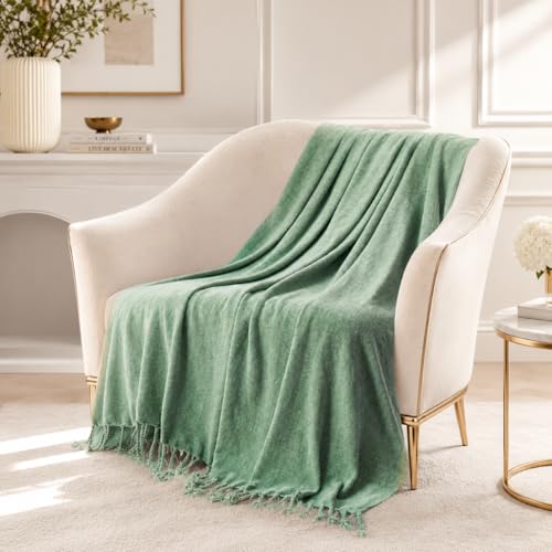 BATTILO HOME Sage Green Chenille Throw Blanket for Couch, Soft Cozy Textured Knit Throw Blanket with Handmade Fringe Tassels, Lightweight Decorative Farmhouse Blanket for Sofa Bed Chair, 50"x60" - color: Sage Green