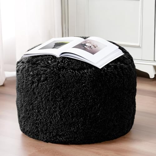 HIGOGOGO Round Stuffed Pouf Ottoman, Long Faux Fur Poufs with Foam Chunk Filling, Fluffy and Furry Pouf Foot Stool Storage Ottoman, 20 X 15 Floor Poufs Foot Rest for Living Room, Black - color: Black, size: 20"D x 20"W x 18"H