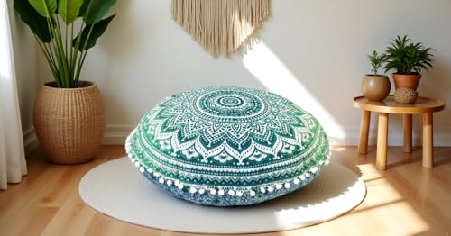 Round Mandala Floor Pillow Cover Seating Cushion Throw Cover Hippie Decorative Bohemian Ottoman Pouf Cover, Pom Pom Pillow Cases,Boho Indian 22 Inches (Green) - color: Green