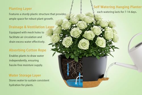 Hanging Planters, 3-Pack 10 Inch Self-Watering Pots with Drainage Holes and Chains, Matte Plastic Planters for Indoor/Outdoor Plant（Black Brown） - color: Black Brown, size: 10 inches