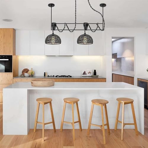 Lighting fixtures, 1-Light Pendant Light,Boho Black Woven Rattan Basket with Twist Hemp Hanging Cord Plug in Coastal Pendant Lamp for Dining Living Room Kitchen Island Foyer Bedroom Hallway