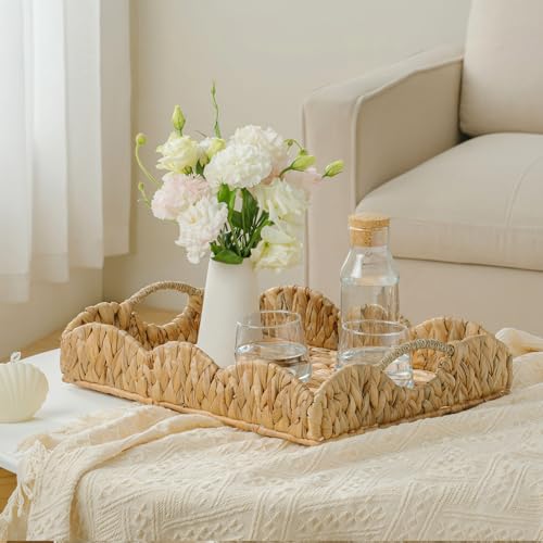 Water Hyacinth Serving Tray, Handwoven Woven Tray with Handles and Scalloped Edge, Rectangle Wicker Basket for Home Decor and Organizing, 17.3" L x 13.4" W x 3.6" H - color: Water Hyacinth-scalloped, size: 17.3" x 13.4" x 3.6"