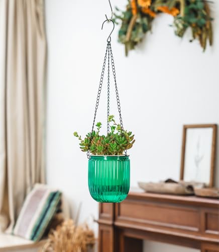 Josteve 4.5 Inch 2 Pcs Self Watering Hanging Planter Indoor Plant Pots Drainage Holes, Outdoor Small Hanging Planters Flower Pot Basket, Visible Water Level, Plant Hanger Home Decor, Gardening - color: Emerald, size: 2*4.5 inch