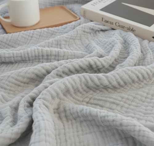 KyraHome Pre-Washed 100% Organic Cotton Blanket 90"x90" Queen Muslin Blankets for Adults, Bed, Plant Dyed, Lightweight Breathable Gauze Summer Bedspread, Coverlet, All Season, Light Grey - color: Cool Grey, size: Queen