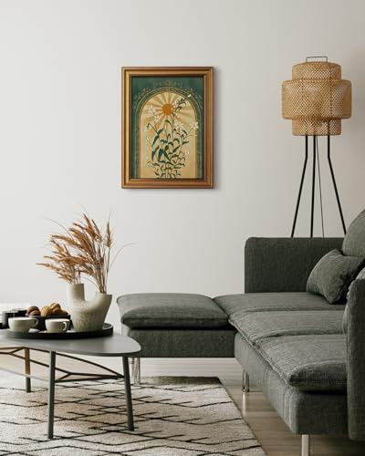 HUARCEY Gold Framed Canvas Wall Art, Sun Botanical Picture Decor, Living Room Bedroom Emerald Green Boho Art, Rustic Vintage Moody Mystical Folk Art Canvas Paintings, 12x16inch - color: Boho art, size: 16"L x 12"W